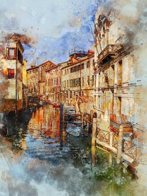 威尼斯水乡创意画（威尼斯水城水彩画）